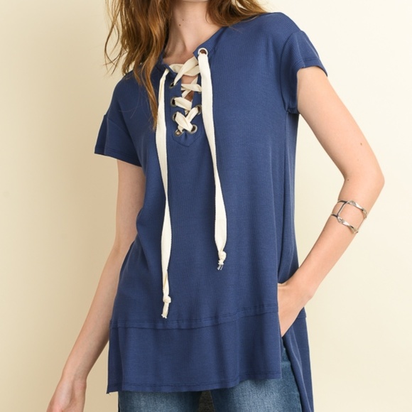 Mauve Waffle Knit Lace Up Tunic 07001 - Picture 6 of 7